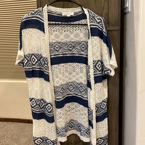 Blue and white short sleeve cardigan, size medium